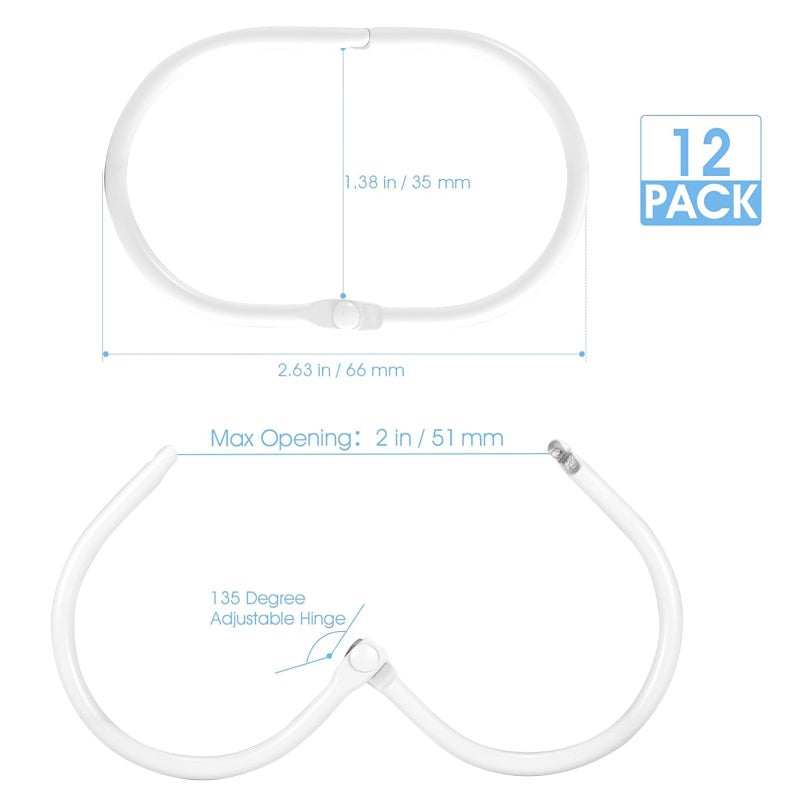Goowin Shower Curtain Rings, 12 Pcs Shower Curtain Hooks, Oval Snap Shower Rings for Curtain, Metal Shower Curtain Rings Rust Proof, Glide Smoothly Shower Hooks for Shower Curtain Rod (White) - Image 5